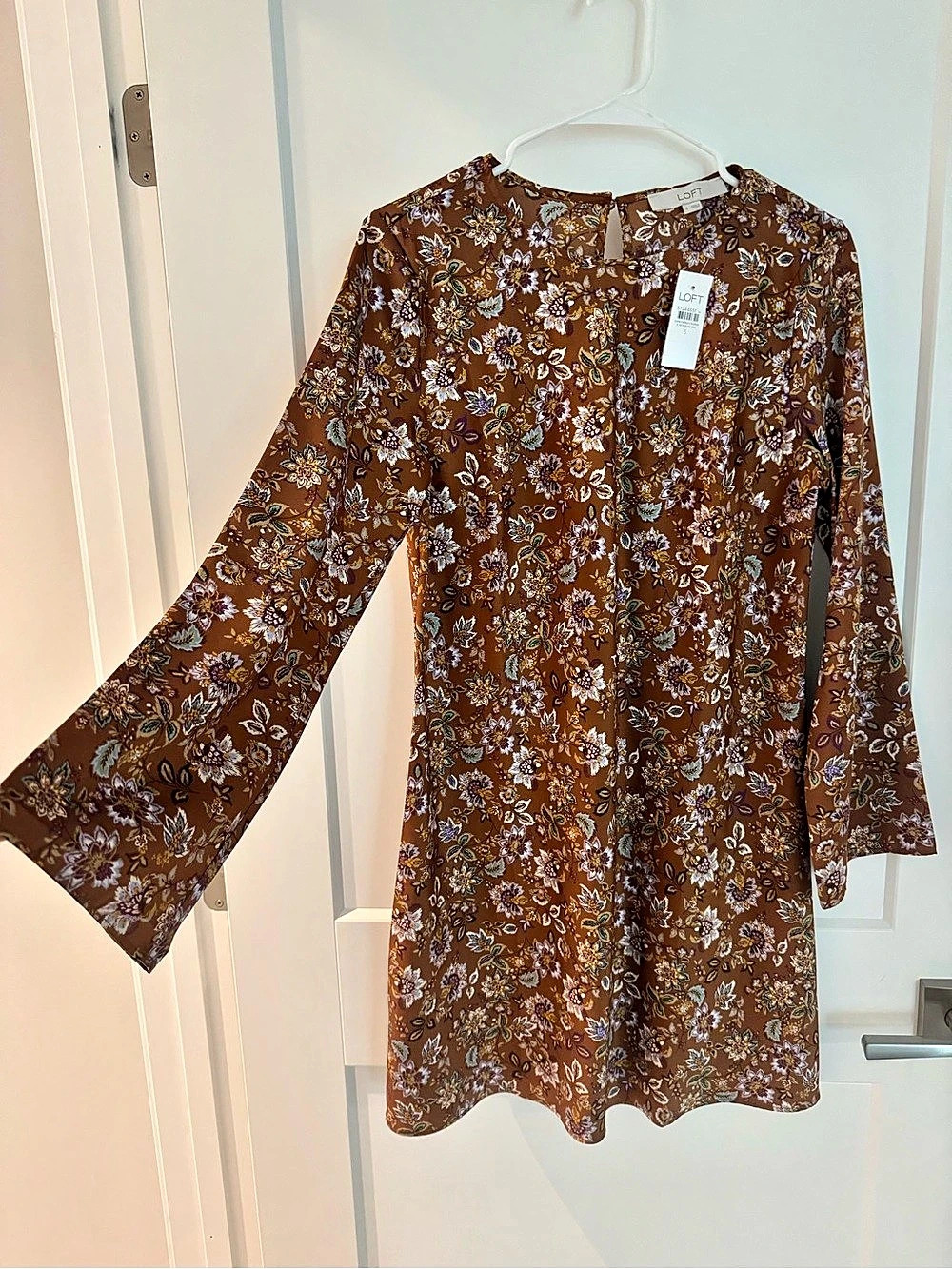 NWT LOFT Brown Floral Print Bell Sleeve Shift Dress